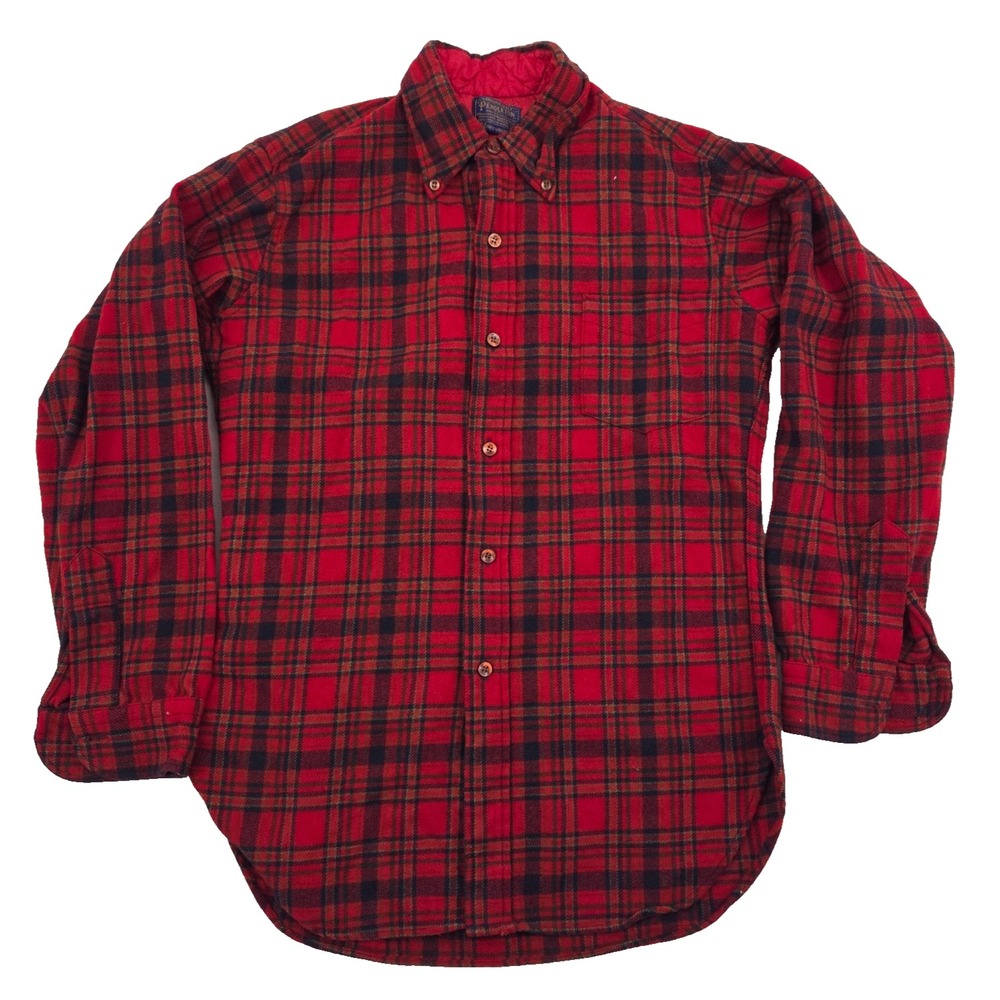 VTG 80s PENDLETON USA Men's Med Red Plaid Button Down Wool Lodge Shirt